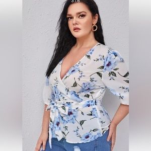 Plus Floral Print Belted Wrap Blouse size 2XL